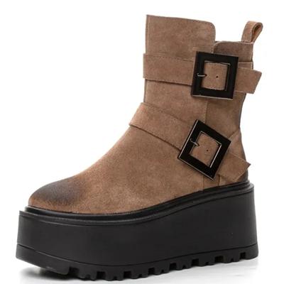 Модные 8 см новые натуральная кожа мотоциклетные ботинки модные осенне-весенние британские ботильоны на молнии на танкетке зимние теплые женские туфли