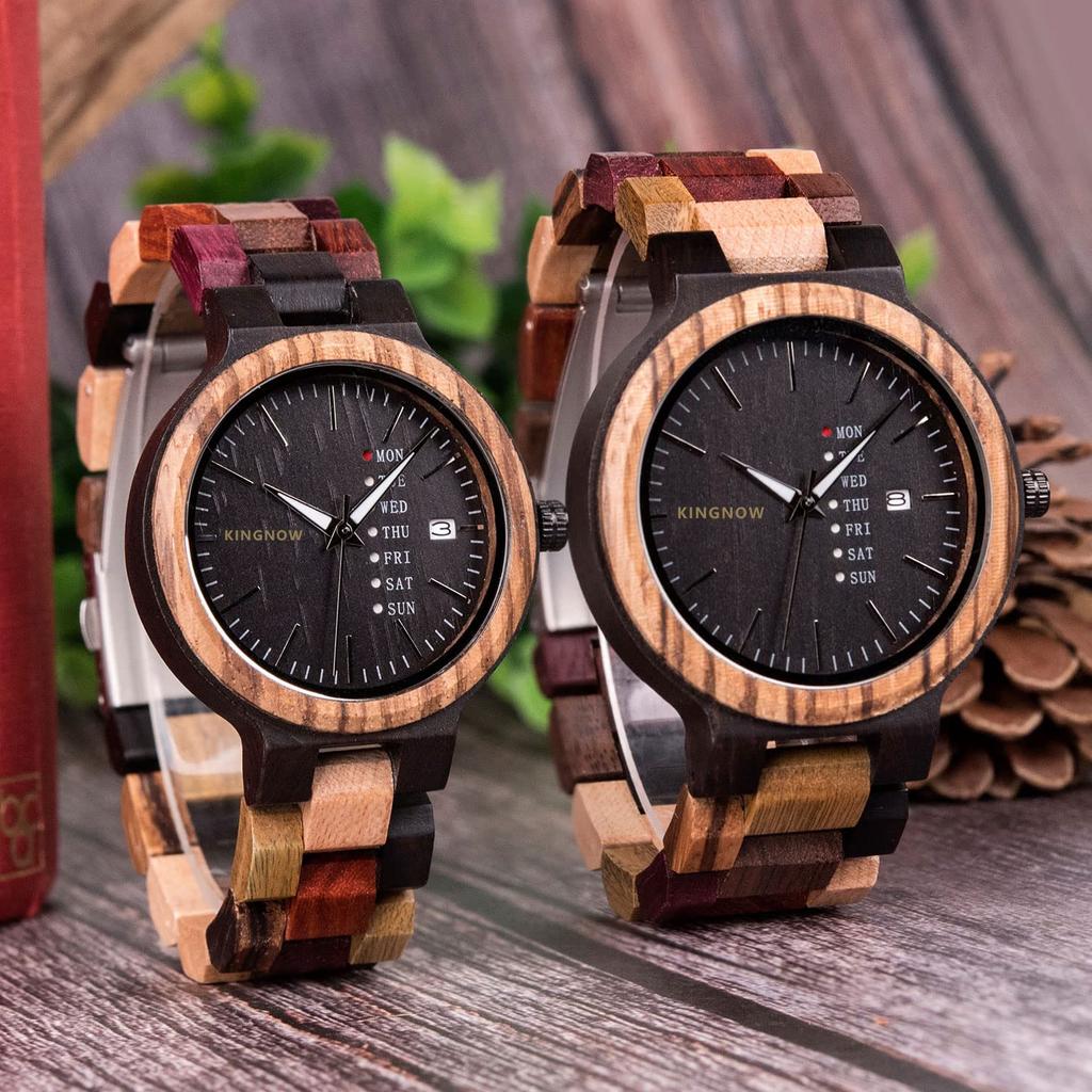 KINGNOW Couple's Watches, Lightweight Wooden Watches for Men and Women, Day-Date Display, Japanese-Made Quartz Movement, Unique Design