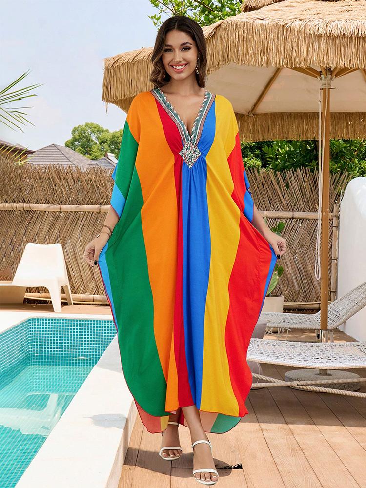 EDOLYNSA Плюс размер кафтан разноцветное летнее длинное пляжное платье женская домашняя одежда наряд купальный костюм накидка свободный кафтан