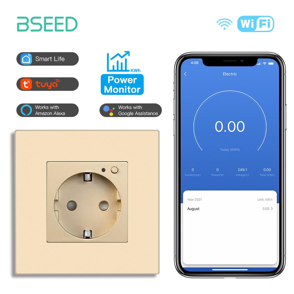 BSEED EU Smart Wifi Control Power Monitor Sockets 16A 110V-250V Power Wall Sockets Plastic Flame Support For Tuya Google Alexa