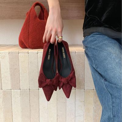 2025 новая осенне-зимняя замшевая обувь с острым носком и неглубоким вырезом, на толстом каблуке, универсальная, для работы и повседневной носки, модная, с бантом, женская