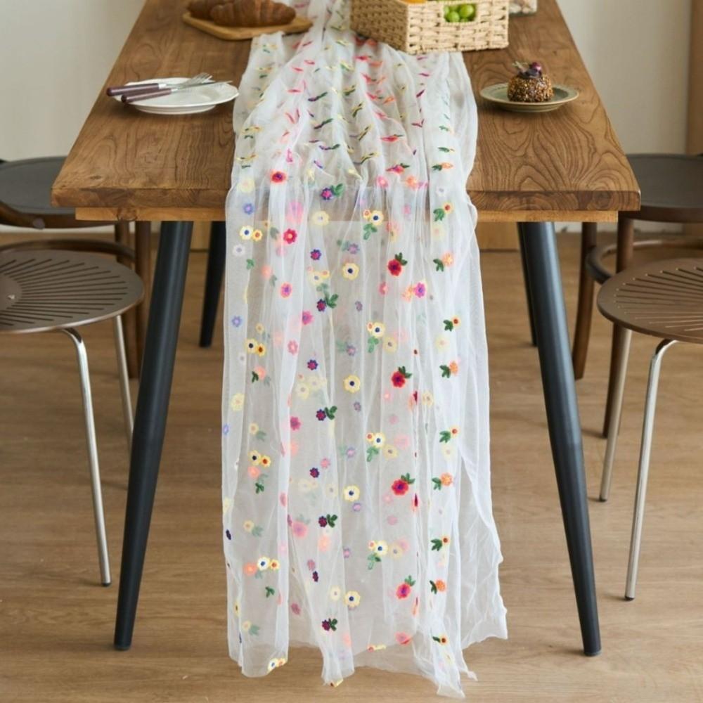 Semi-Transparent Tulle Table Runner Boho Floral Tablecloth Embroidery Daisy Table Runner  Party