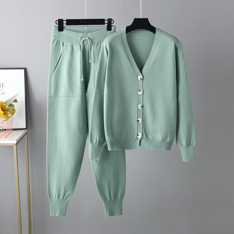 Autumn and Winter New Collar Cardigan Sweater Harlan Pants Set Solid Color Cardigan Sweater Two-piece Set