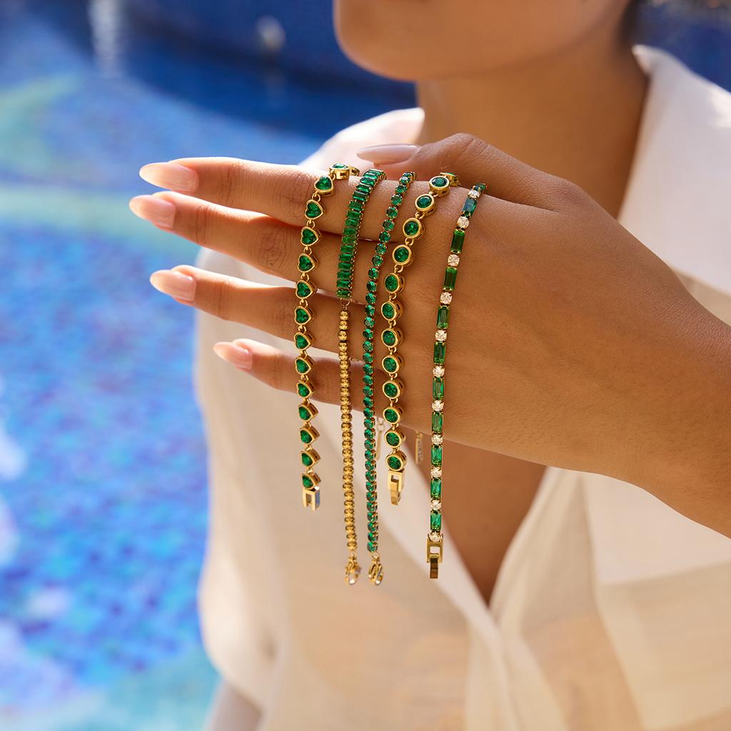 Uworld Fashion Trend 18K Gold Color Plated Stainless Steel Rectangular Green Zirconia Chain Bracelet Stackable Round Zirconia Br