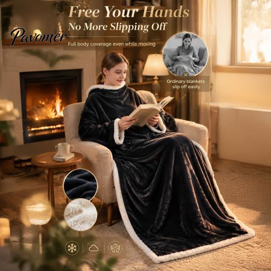 Wearable Blanket with Sleeves Flannel Sleeves, Adults Fleece Lined Winter Kangaroo Pocket, Comfortable Robe Cozy Plush Wrap for Cold Days Indoor