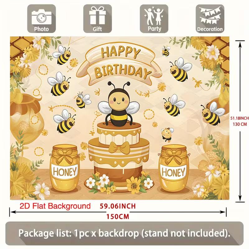 2D Bee Themed Birthday Photography Backdrop Honey Jar Photo Booth Banner