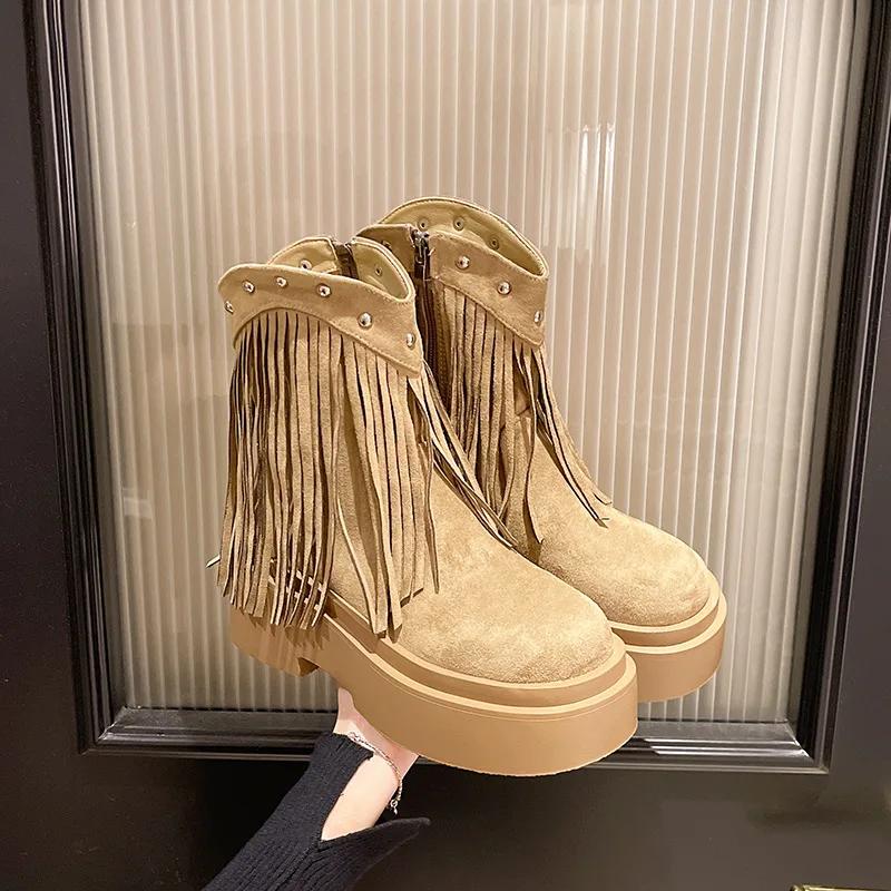 Ботинки на платформе с кисточками для женщин, осенне-зимние женские сапоги, замшевые, с круглым носком, на толстом высоком каблуке, короткие женские сапоги в стиле ретро