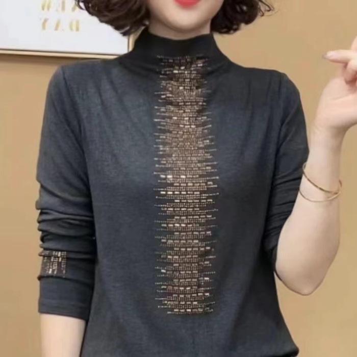 Женская базовая футболка с полувысоким воротником Новая Весенняя и Осенняя Приталенная Универсальная Футболка с Длинным Рукавом Двусторонняя Бархатная Внутренняя Рубашка