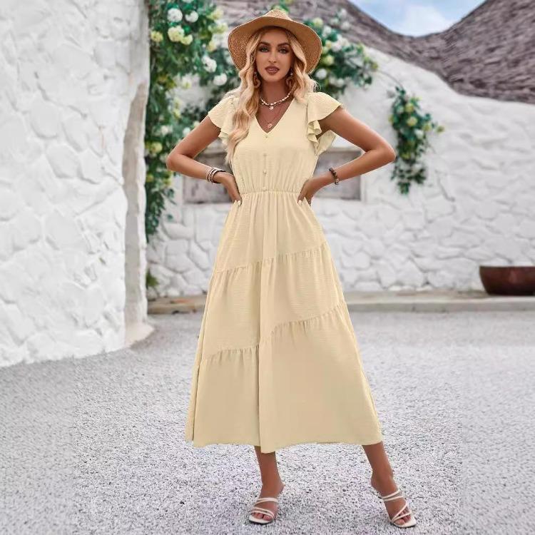Women Summer Casual V-Neck Slim Dress Solid Color A-Line High Waist Layered Long Dresses Spring Short Lotus Leaf Sleeve S-XL