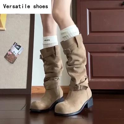 Женские ковбойские сапоги на платформе с толстым каблуком, модные длинные сапоги со складками и ворсом, женская обувь на осень-зиму