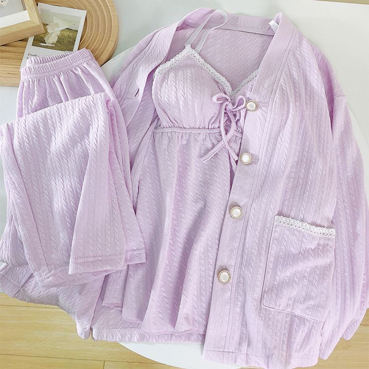 Пижама больших размеров, женский комплект из трех предметов, весна-осень, хлопок, с длинными рукавами, подушками для груди, летняя домашняя одежда