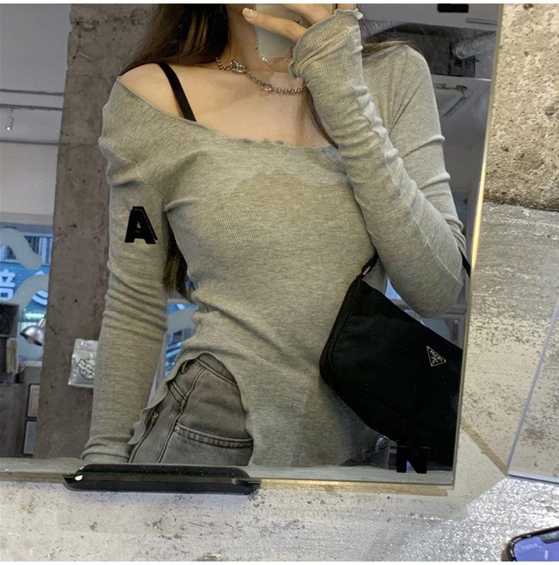 Женская серая футболка с длинным рукавом на осень - 2025 Tight Fit Short Design Top