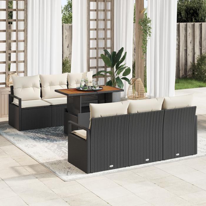 Ensemble de Canapés de Jardin de 7 Pièces avec Coussins en Rattan Poly Noir Acacia, Canapé de Jardin 2 Places avec Coussins 3349655