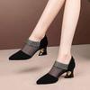 2025 New Summer Pointed Toe Elegant Women Dress Shoes Black Lace Rhinestone Slip-on Mesh Sandals Medium Heel Zipper Ladies Pumps
