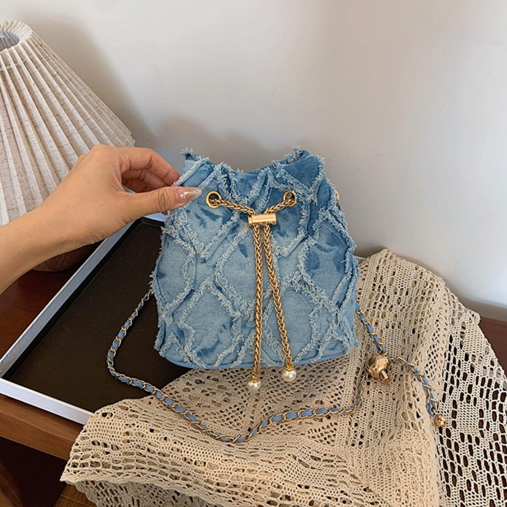 Ling Grid Chain Bucket Bag, Simple Crossbody Bag, Women's Trendy Drawstring Tassel Shoulder Bag