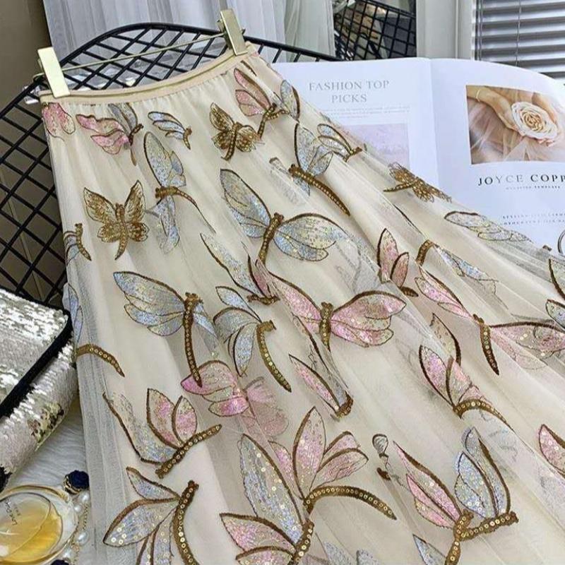 Heavy Industry Sequin Embroidery Women's Skirt Draped Mesh Skirt Medium Length Fashion Solid Color Versatile Pleated A-line Super Fairy Skirts