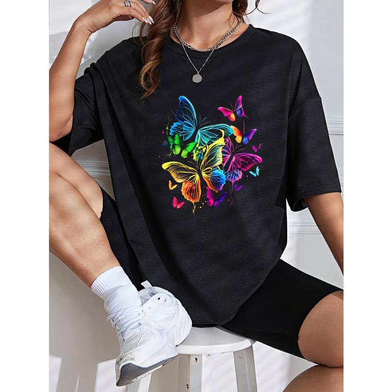 Butterfly Print T Shirt White Colorful Butterflies Pattern Casual Wear For Women Summer Outfit Fashion Top