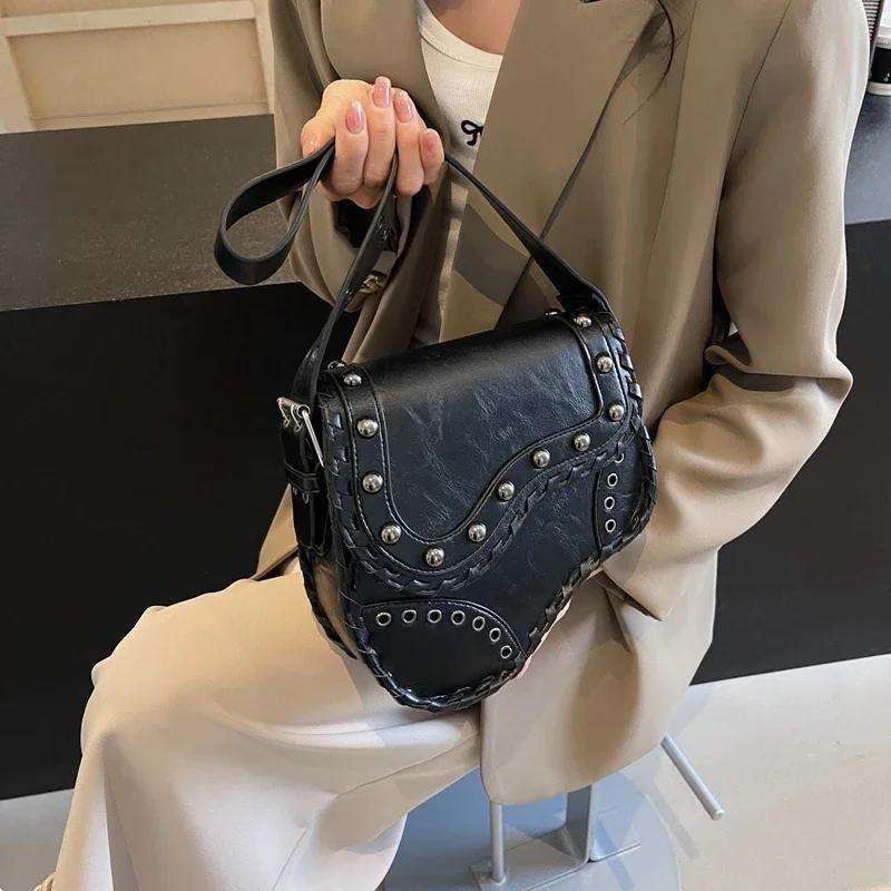 Customized PU Material Saddle Bag Western Denim Handbag Distressed Rivet