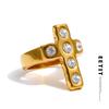 Size 7 Shiny Cubic Zirconia Cross Fashion Casting Ring for Women Golden PVD Stainless Steel Premium Jewelry Rust Proof