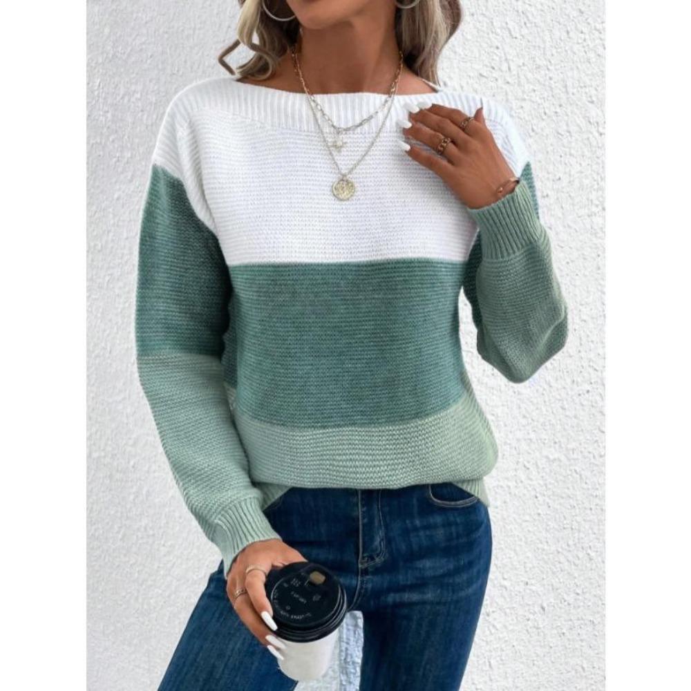 Elegant Three-color Patchwork Sweater Women Daily Commuter Casual Loose Jumpers Female Autumn Winter Knitted Thickened Warm Tops