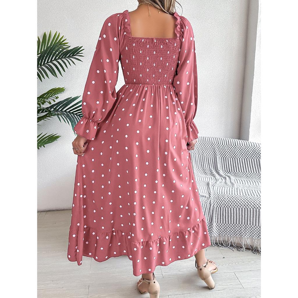 GMXIA Осень и Зима Повседневная Черная Юбка Миди в Горошек с Квадратным Вырезом и Отделкой Ушками для Женщин