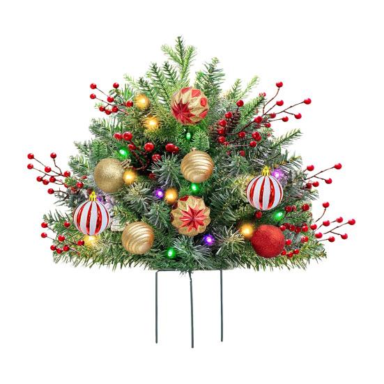 Искусственный рождественский наполнитель для урны с подсветкой, на батарейках, предварительно освещенные рождественские сосны со светодиодными огнями и треногой-колышком, праздничный наполнитель для кашпо для крыльца, двора