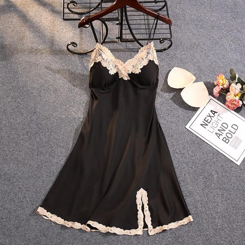 Pajamas women's spring and summer thin sexy suspenders ice silk pajamas silk lace split ends with chest pads loungewear