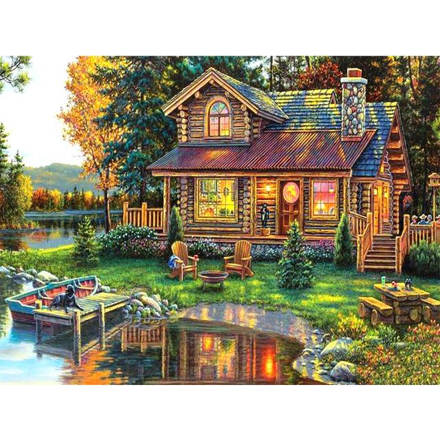 5D DIY Diamond Painting Landscape Full Round House Diamond Embroidery Rhinestone Art Picture Mosaic Home Decoration Gift