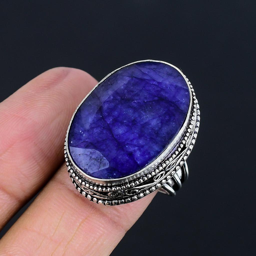 Сапфир(Смоделированный) Кольцо из серебра 925 пробы с драгоценными камнями, размер 9