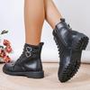 Women's Solid Lace Up Boots 2024 Autumn Heart Buckle Thick Heel Short Boots Pu Leather Side Zip Square Heel Women Boots