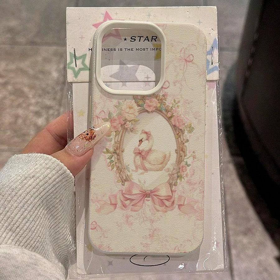 Vintage Pink Bow Swan Floral Frame Pattern Design Protective Cover for iPhone 17 16 15 14 13 12 11 16E Series Pro Max Plus