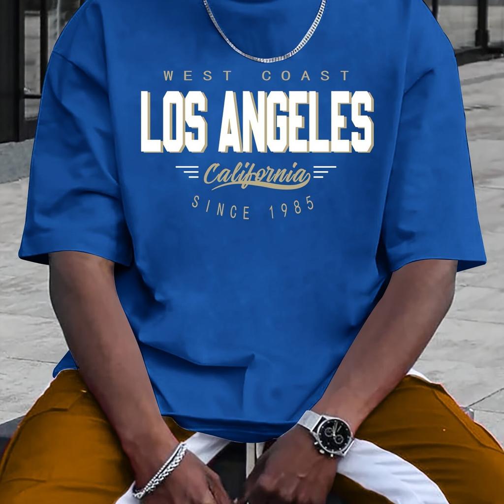 Хлопковая летняя мужская футболка из 100% хлопка, удобная, свободного покроя, большого размера, с принтом LOS ANGELES, с круглым вырезом и короткими рукавами