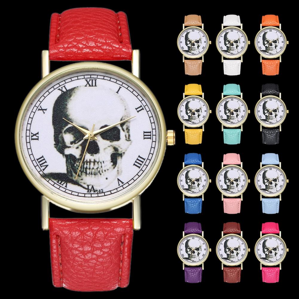Модные женские мужские часы с черепом и цифрами, ремешок из искусственной кожи, повседневные кварцевые часы