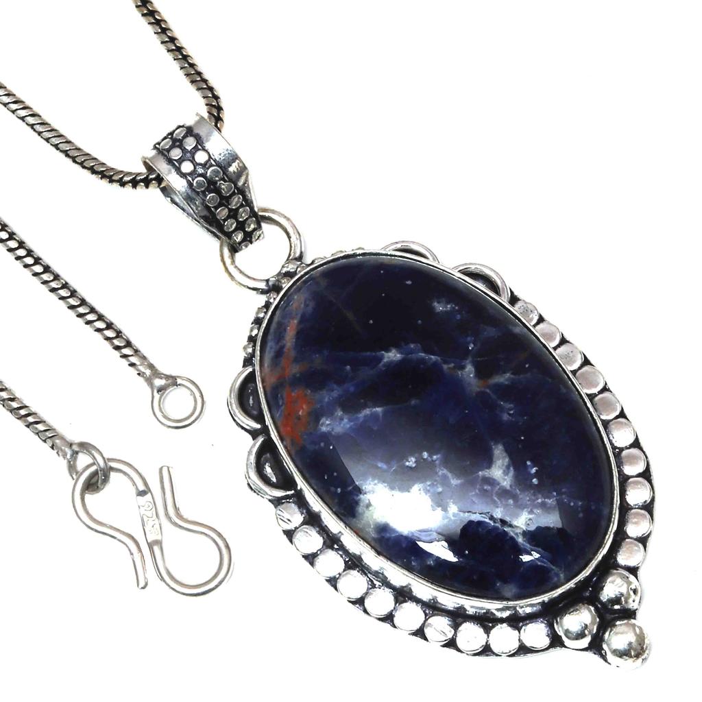Pendant Blue Sodalite Gemstone Handicraft Valentine'Day Silver Jewelry 2.25"