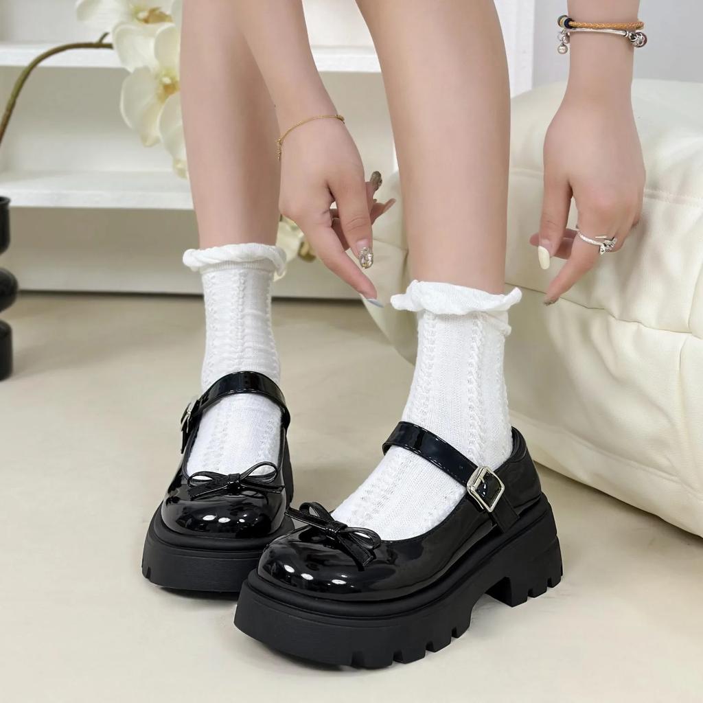 Туфли Мэри Джейн женские новые модные женские туфли-лодочки с пряжкой весна-осень с круглым носком однотонные повседневные туфли с бабочкой на платформе