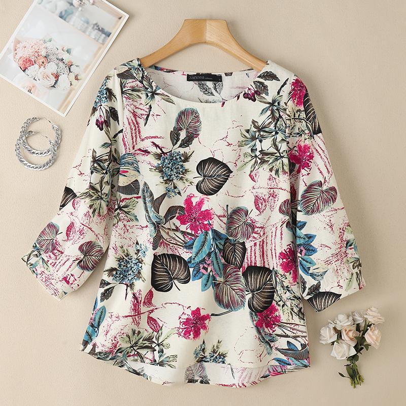 ZANZEA Women Casual Round Neck 3/4 Sleeve Loose Print Blouse