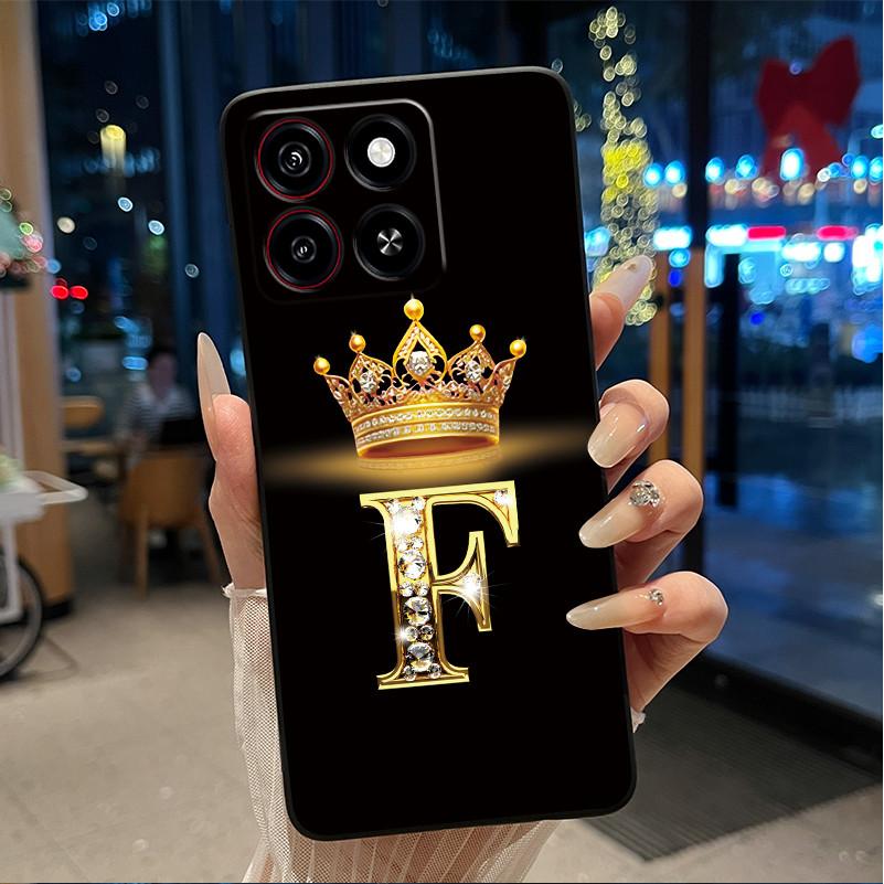 Cool Lucky A-Z Letter Phone Case For ZTE Blade A35/A55 Soft Silicone Black Case Shockproof Luxurious Glitter Crown Shell