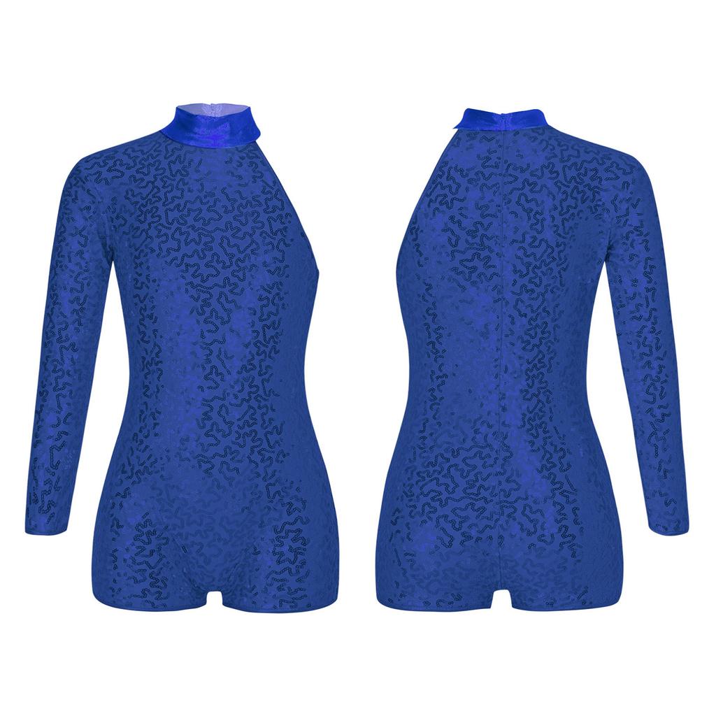 Kids Girls Sequins Single Long Sleeves Ballet Gymnastic Leotard Biketard Unitard Jazz Latin Dance Bodysuit Dancewear