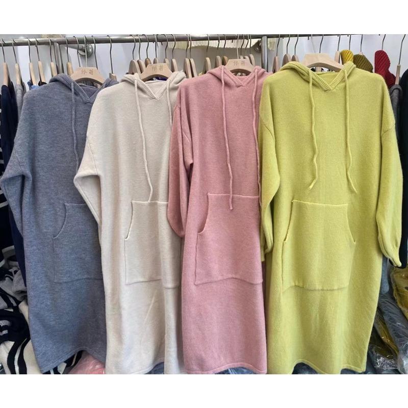 Autumn and Winter Women's Sweatshirt Dress Mid-Length Hooded Knit Dresses Fashion Casual Sweatshirt Pockets French Plus Size Sweater Dresses