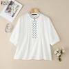 Women Casual Round Neck Loose Half Sleeve Geometric Embroidery Blouse