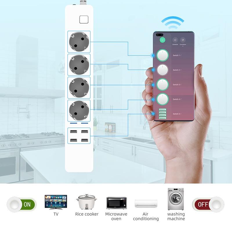 Умная Wi-Fi удлинитель с 4 розетками переменного тока + 4 USB, EU вилка, Переключатель-таймер, Розетка, Управление по времени, Bluetooth-управление, Многофункциональная розетка