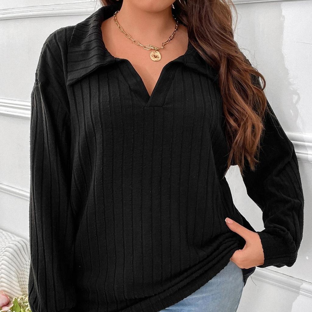 GMXIA Женская мода, повседневная футболка большого размера с однотонным принтом, осень-зима, с длинным рукавом, v-образным вырезом, матовая футболка с полосками, свободные свитера