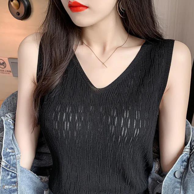 WTEMPO Женские свободные трикотажные майки с V-образным вырезом, весна-лето, однотонные эластичные жилеты-камизолы, короткие трикотажные базовые жилеты большого размера