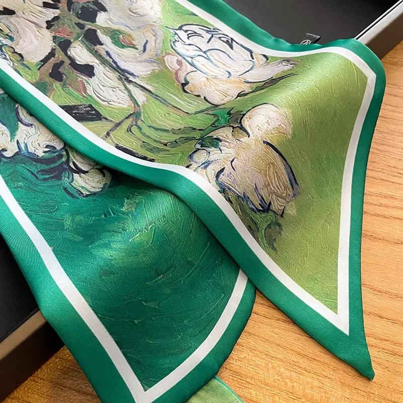New Oil Painting Hair Ribbon Scarf For Women Silk Scrunchies Hair Bands Neck Tie Skinny Bag Scarfs Bandana Accessories Headware