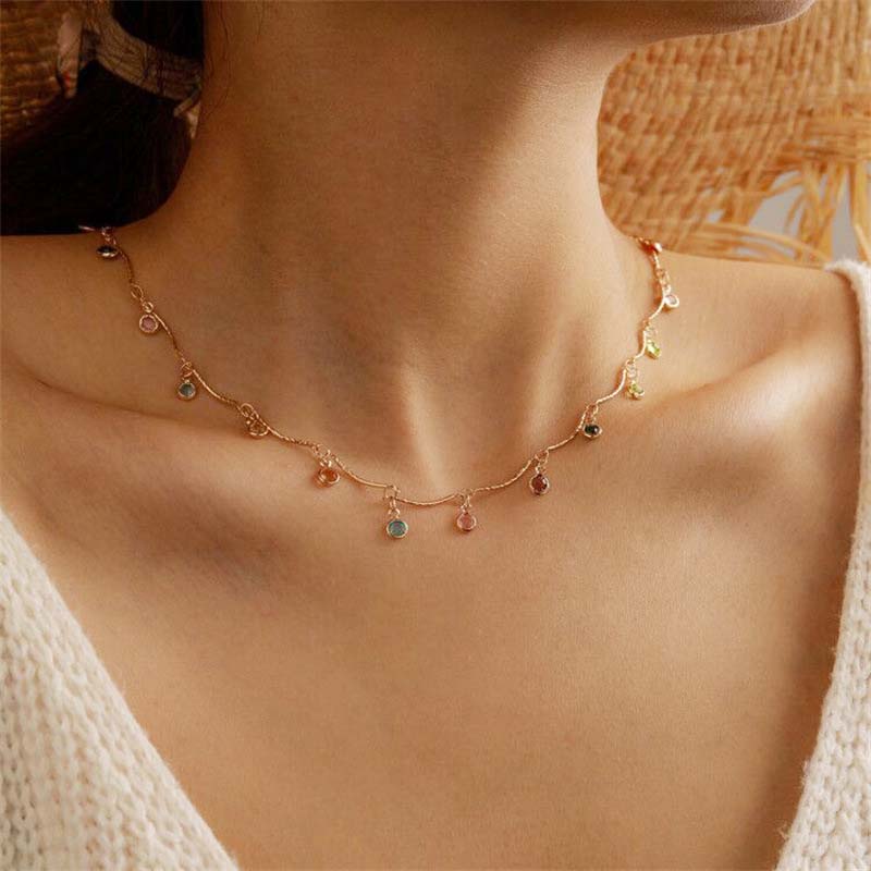 Colorful Crystal Tassel Necklace for Women Silver Round Bead Clavicle Chain Necklace Aesthetic Jewelry Gift