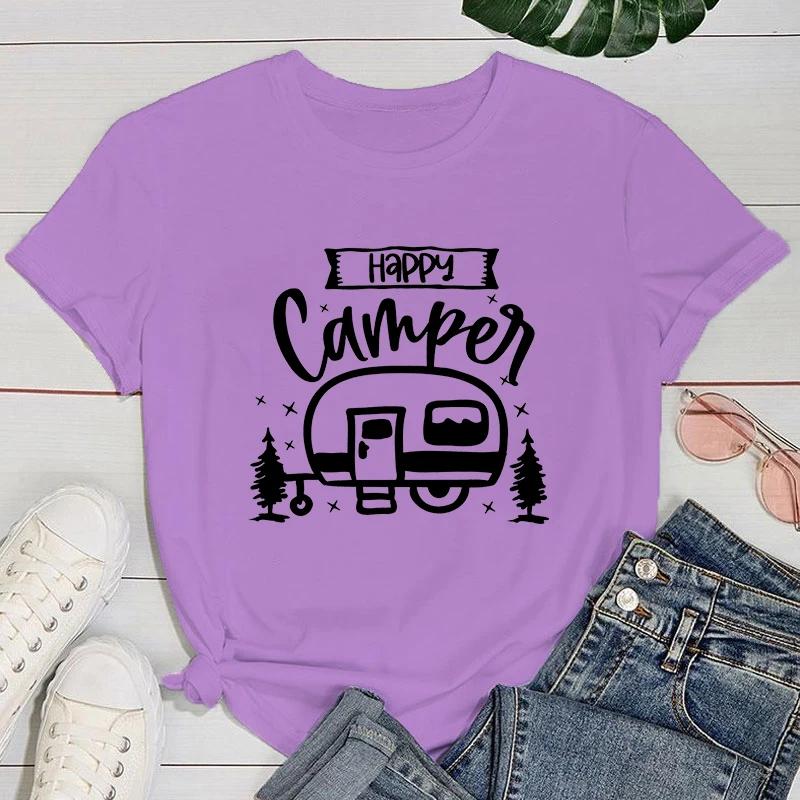 (Премиум-футболка)Модная новая футболка Happy Camper и женская мультяшная футболка Harajuku Streetwear футболка повседневные топы футболки
