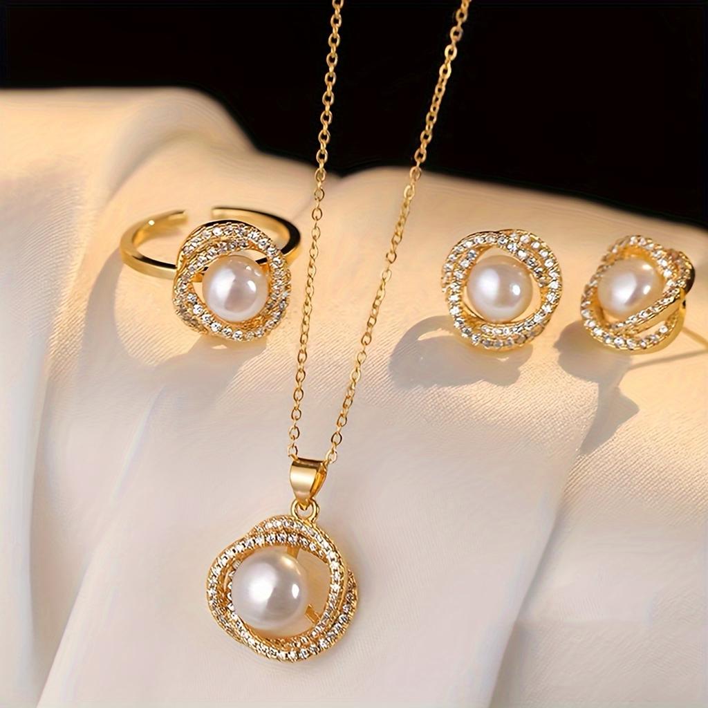 French-style elegant faux pearl four-piece set - minimalist necklace, ring, and earrings, with a light luxury luster