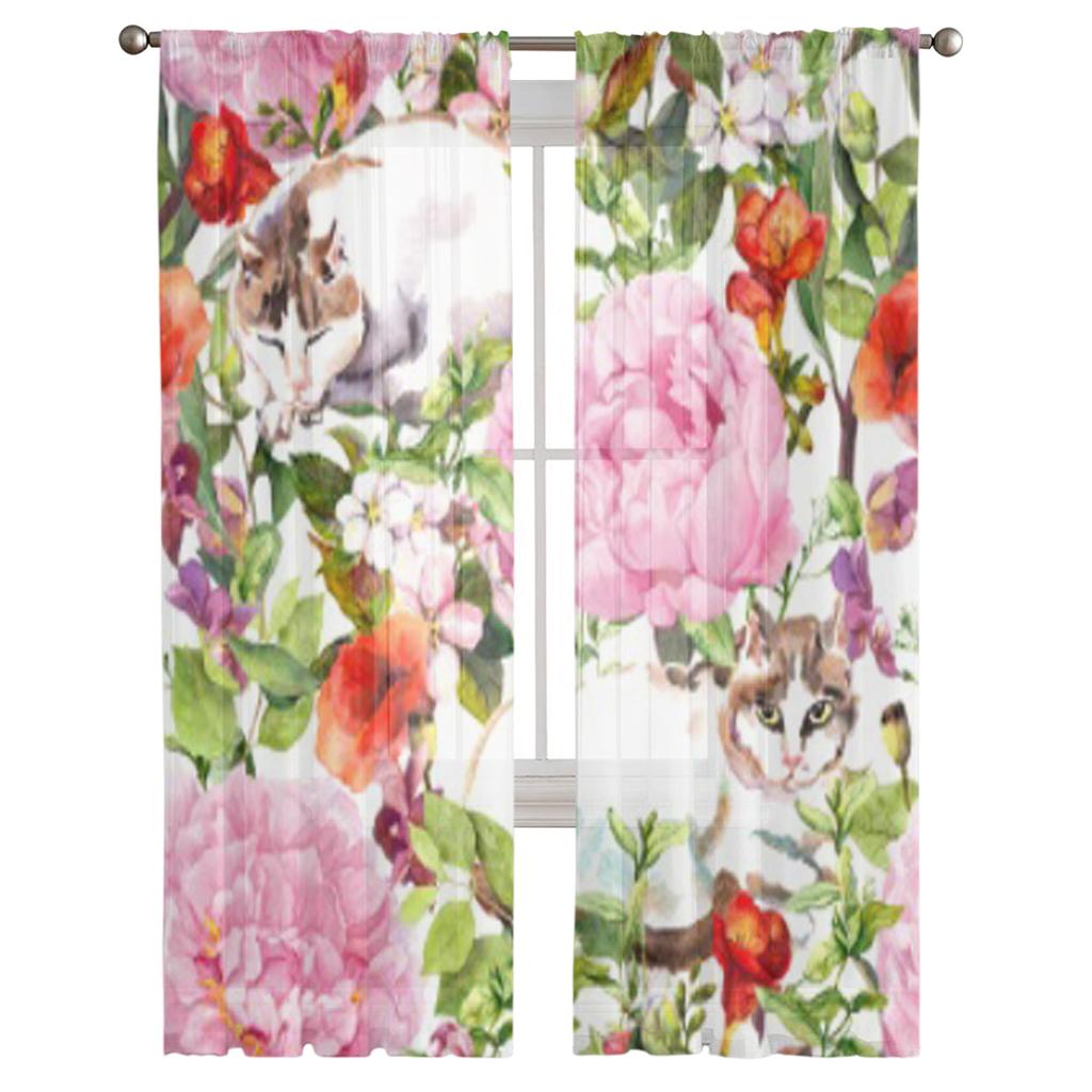 Тюлевые прозрачные шторы с цветком кота, пиона и растения для гостиной, спальни, кухни, украшения, вуаль, шторы из органзы