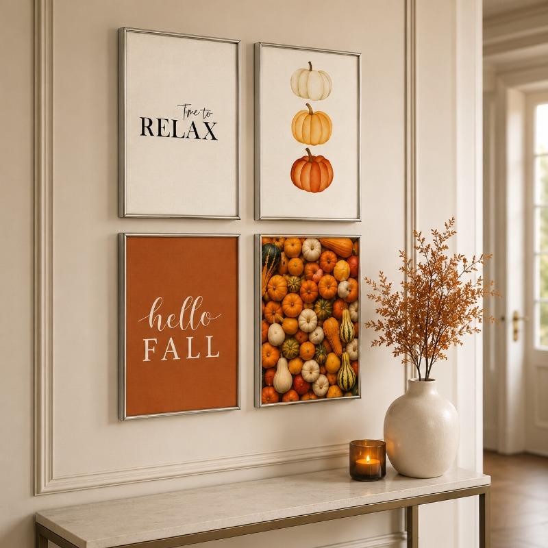Terracotta Fall Pumpkin Canvas Gallery Wall Prints Autumn Maple Leaf Wheat Wall Art Farmhouse Thanksgiving Home Decor Gift