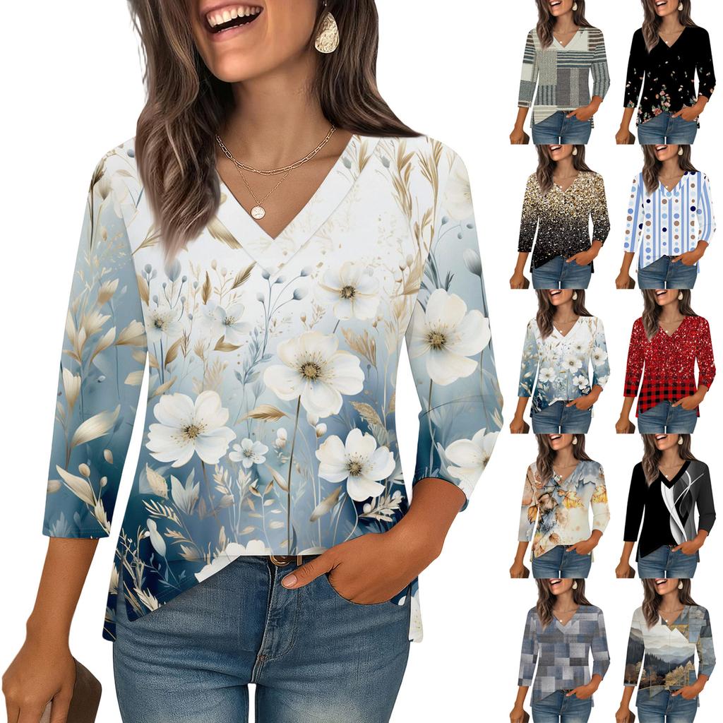 3/4 Sleeve Shirts For Women  Print Graphic Tees Blouses Casual Plus Size Basic Tops Pullover